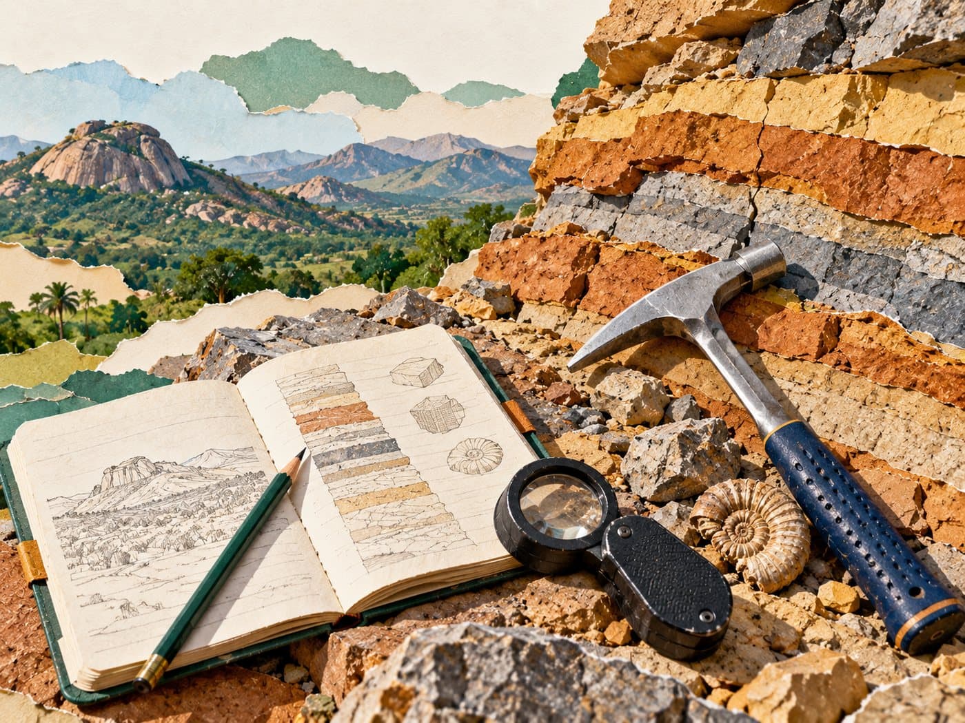 A geologist's field notebook, hand lens, rock hammer and fossil on layered rock