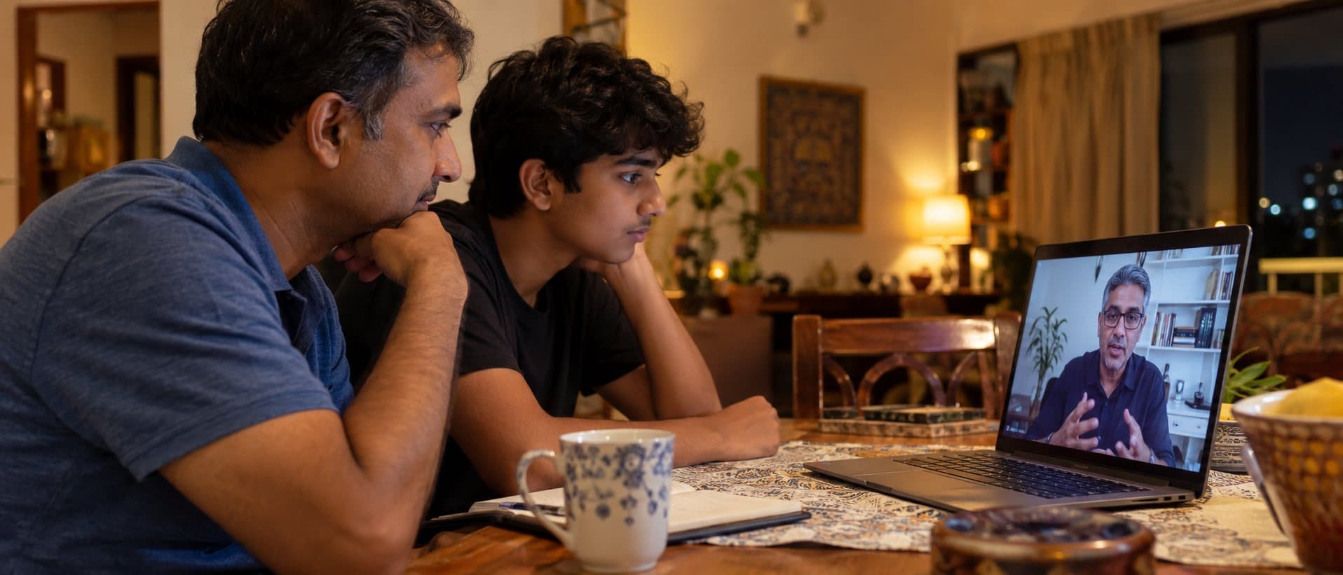 A father and his son on a video call with a mentor at the dining table in the evening