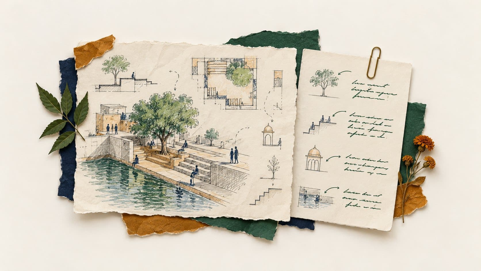 Sketches of a stepwell design with a practitioner's handwritten notes clipped beside them