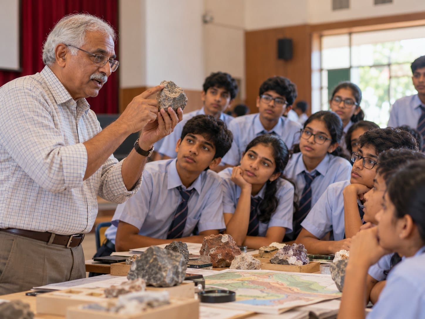 A retired geologist showing a rock to a class of students in a school hall