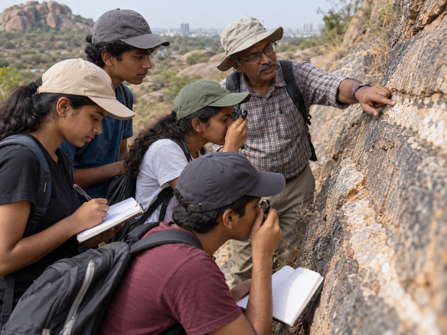 Students with hand lenses and notebooks at a rock face with a geologist