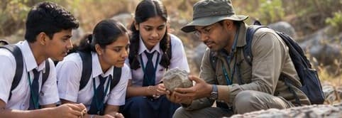 Students examining a rock with a geologist on a field visit